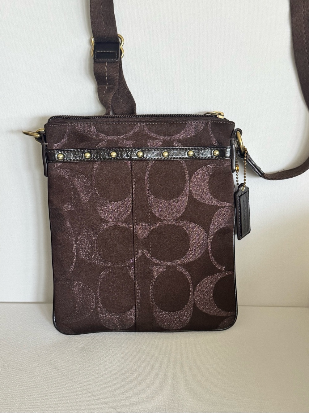 Coach Brown Signature Crossbody Messenger with Stud Trim